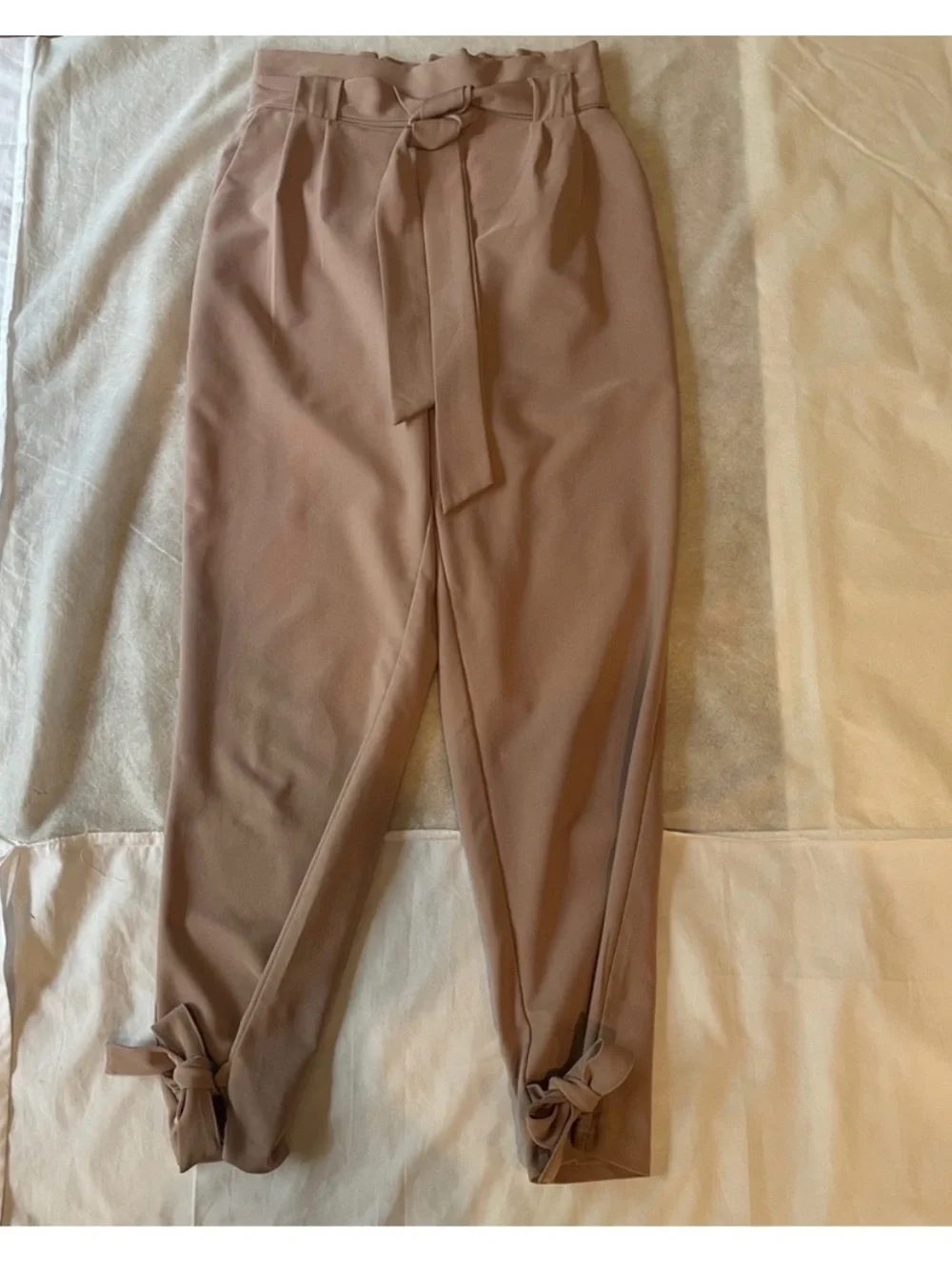 Grace Karin Women’s Paperbag Tie Waist Ankle Pants Size Small Taupe Bow Detail